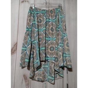 Blu Pepper Shirt Womens Large Green Beige Boho Asymmetrical Chiffon Drawstring